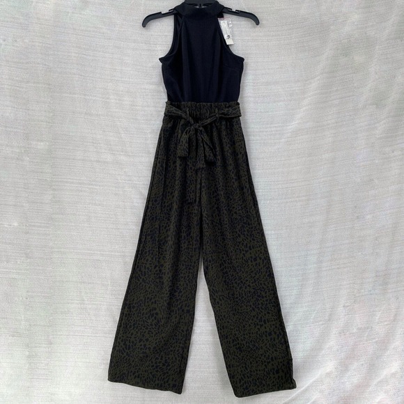 NWT Mi Ami Jumpsuit XXS Wide Leg‎ Black Army Green Cheetah High Neck Paper Bag - Picture 1 of 16
